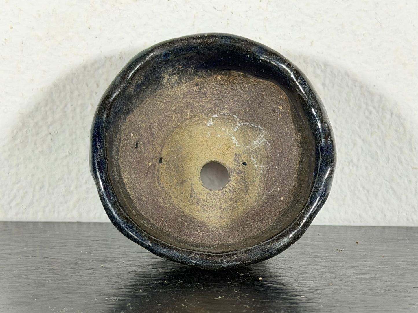 Preowned Japanese Tokoname Glazed Round Bonsai Pot with Stamp - 1 7/8” By 1”