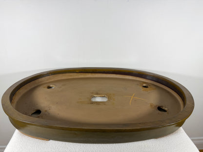 Preowned Japanese Tokoname Glazed Shallow Oval Bonsai Pot Hisyoku - 22” By 14.5”
