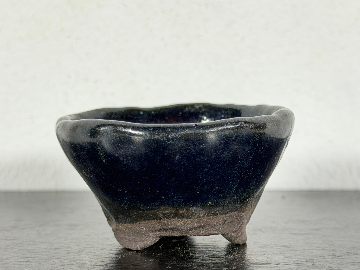 Preowned Japanese Tokoname Glazed Round Bonsai Pot with Stamp - 1 7/8” By 1”