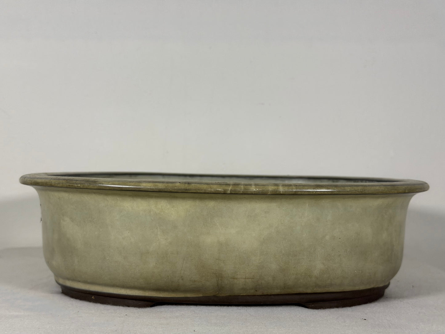 Preowned Japanese Tokoname Glazed Oval Bonsai Pot has Patina - 11.75” By 10”