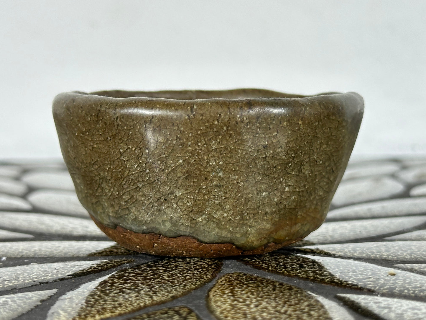 Preowned Japanese Tokoname Glazed Round Bonsai Pot with Stamps - 2.75” By 1 3/8”