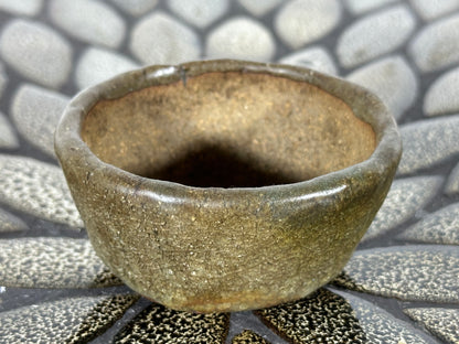 Preowned Japanese Tokoname Glazed Round Bonsai Pot with Stamps - 2.75” By 1 3/8”