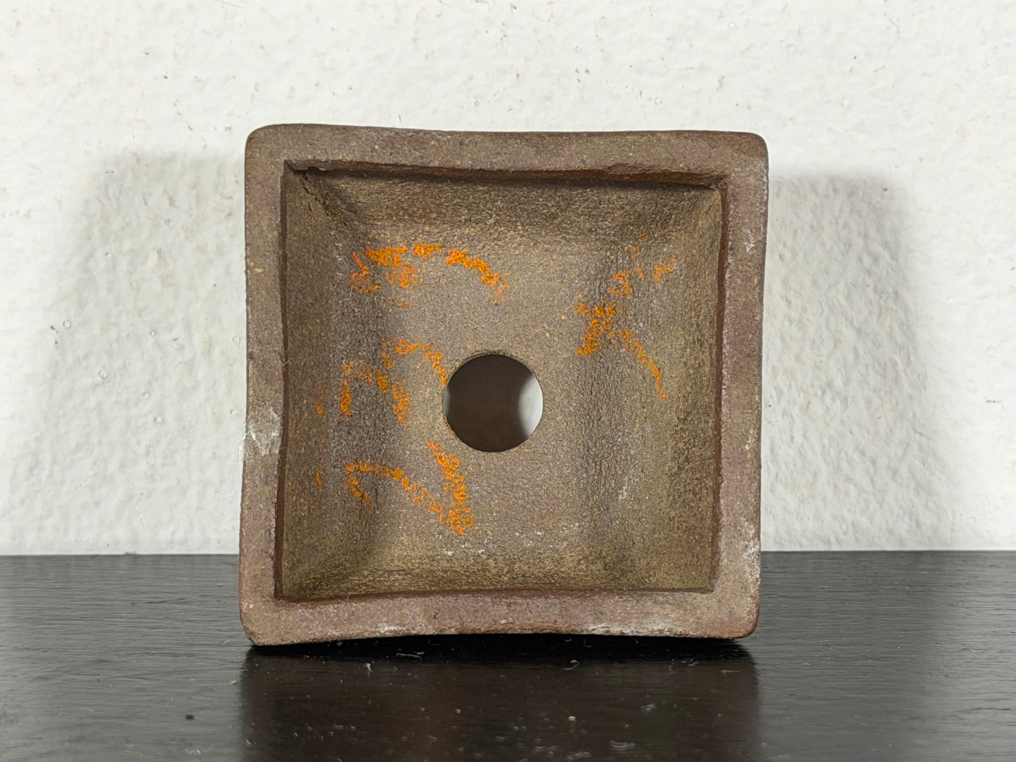 Preowned Japanese Tokoname Unglazed Square Bonsai Pot With Stamp - 1 5/8” By 0.75”