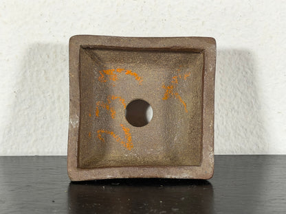 Preowned Japanese Tokoname Unglazed Square Bonsai Pot With Stamp - 1 5/8” By 0.75”