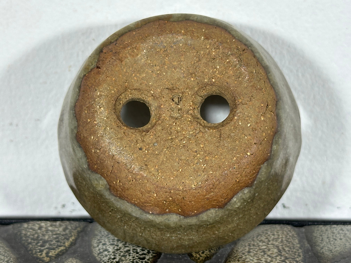 Preowned Japanese Tokoname Glazed Round Bonsai Pot with Stamps - 2.75” By 1 3/8”