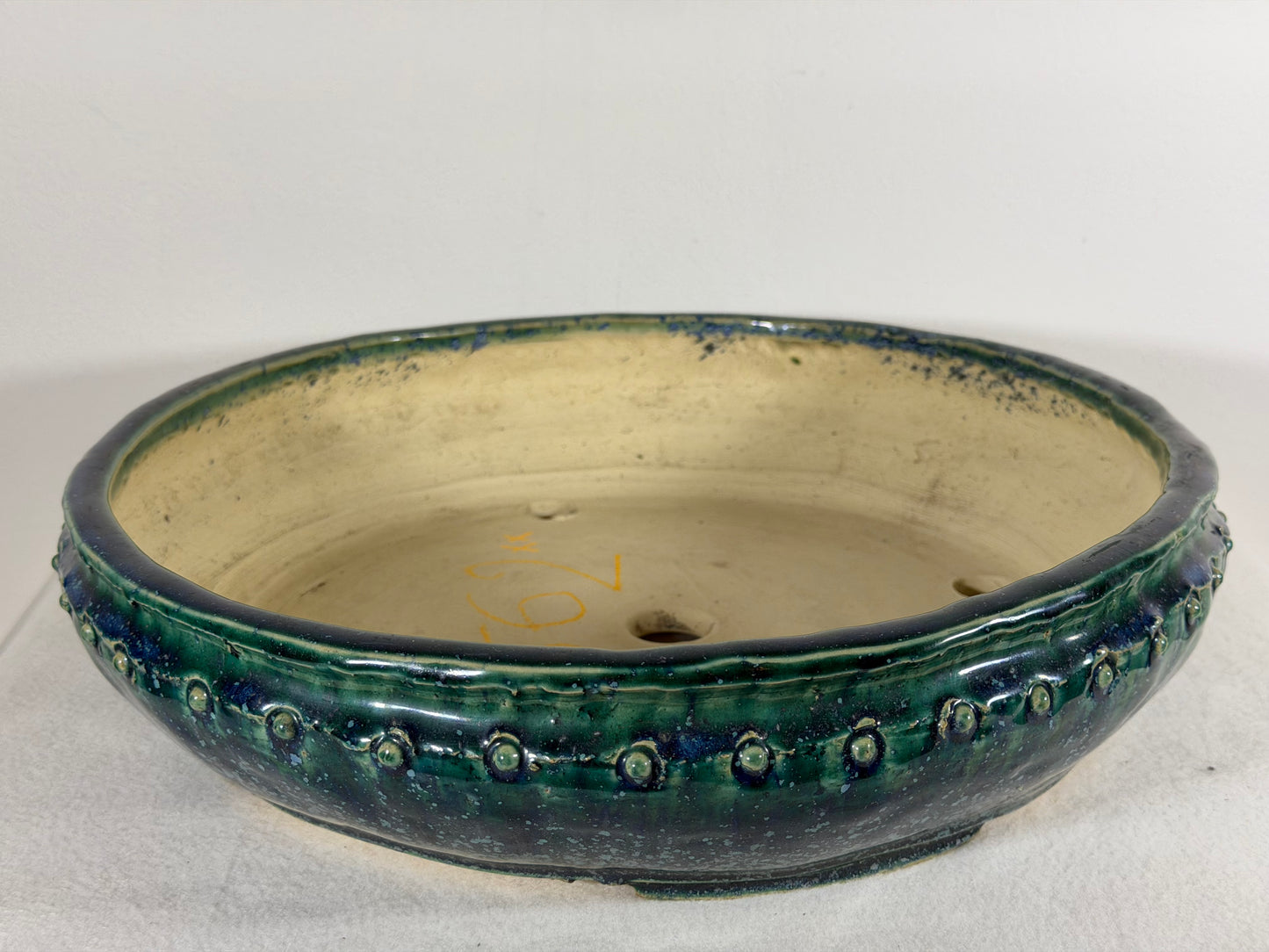 Preowned Japanese Tokoname Glazed Drum Style Bonsai Pot Syuhou Yoshimura - 12.75” By 3 1/8”
