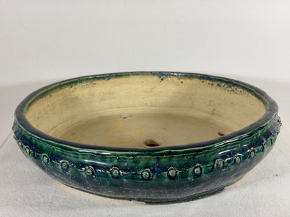 Preowned Japanese Tokoname Glazed Drum Style Bonsai Pot Syuhou Yoshimura - 12.75” By 3 1/8”