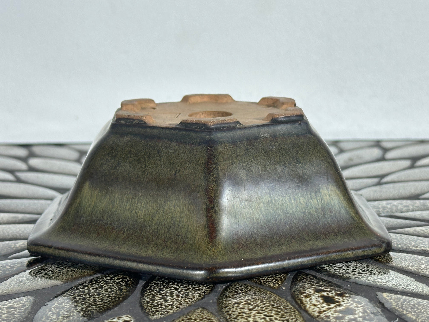 Preowned Japanese Tokoname Glazed Hexagon Bonsai Pot - 6” By 5.25”