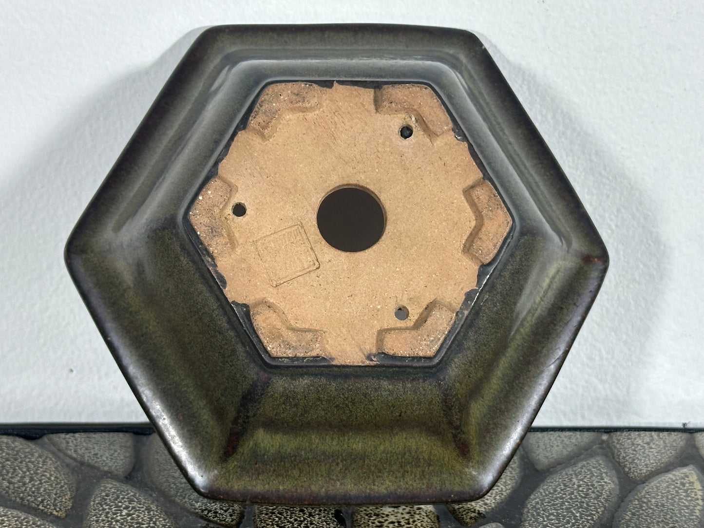 Preowned Japanese Tokoname Glazed Hexagon Bonsai Pot - 6” By 5.25”