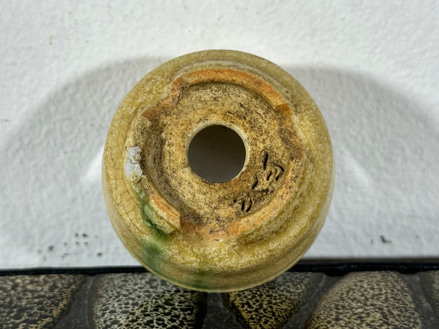 Preowned Japanese Tokoname Glazed Round Bonsai Pot with Stamps - 1.75” By 1 1/8”