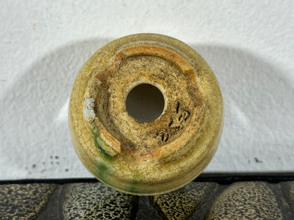 Preowned Japanese Tokoname Glazed Round Bonsai Pot with Stamps - 1.75” By 1 1/8”