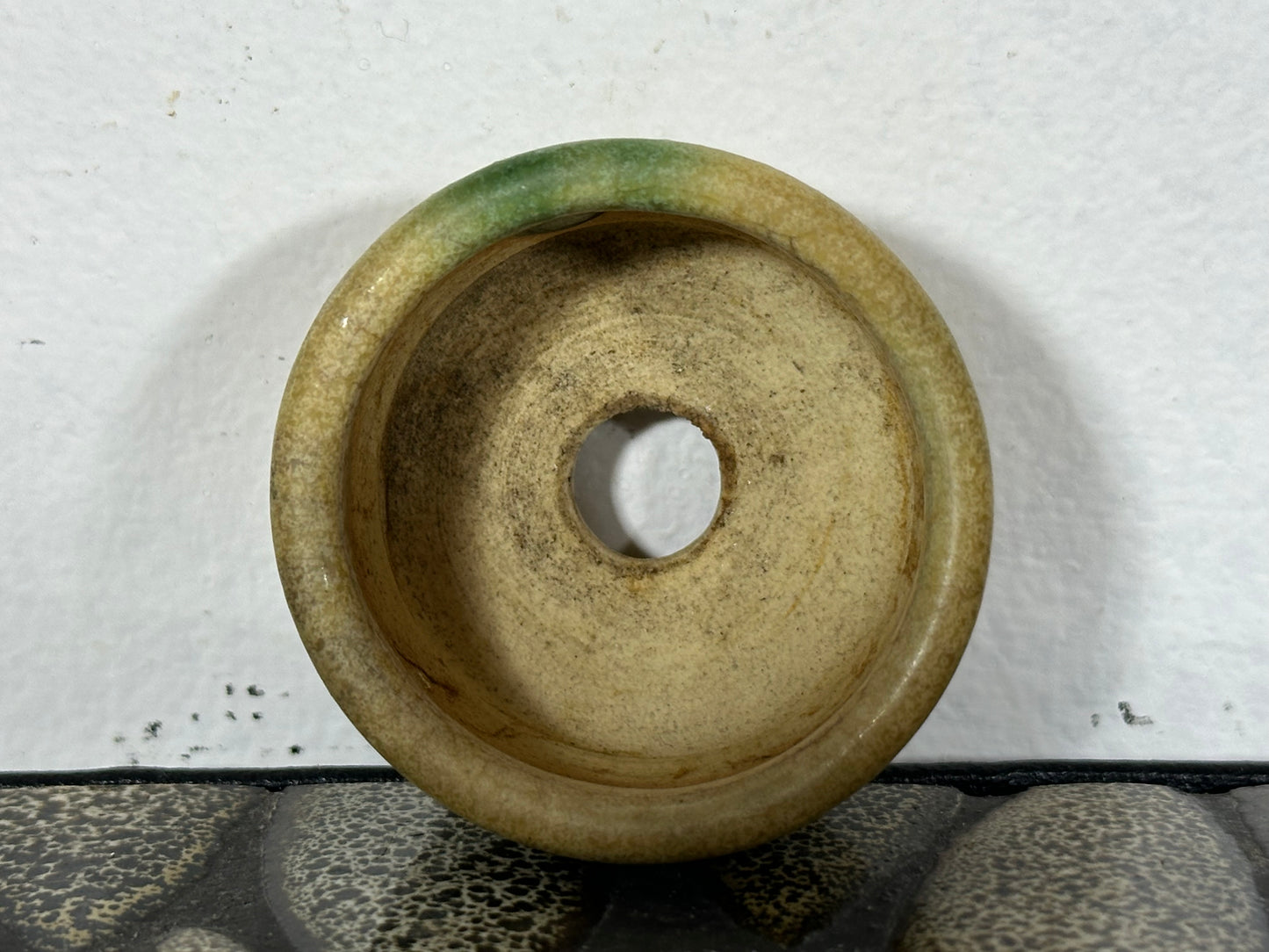 Preowned Japanese Tokoname Glazed Round Bonsai Pot with Stamps - 1.75” By 1 1/8”