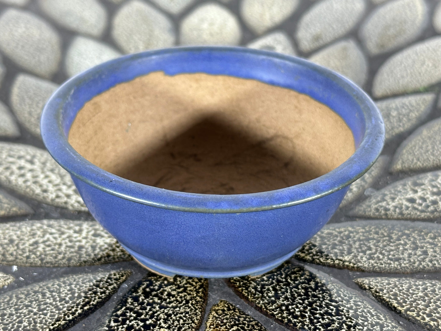 Preowned Japanese Tokoname Glazed Round Bonsai Pot with Stamps - 3 3/8” By 1 3/8”