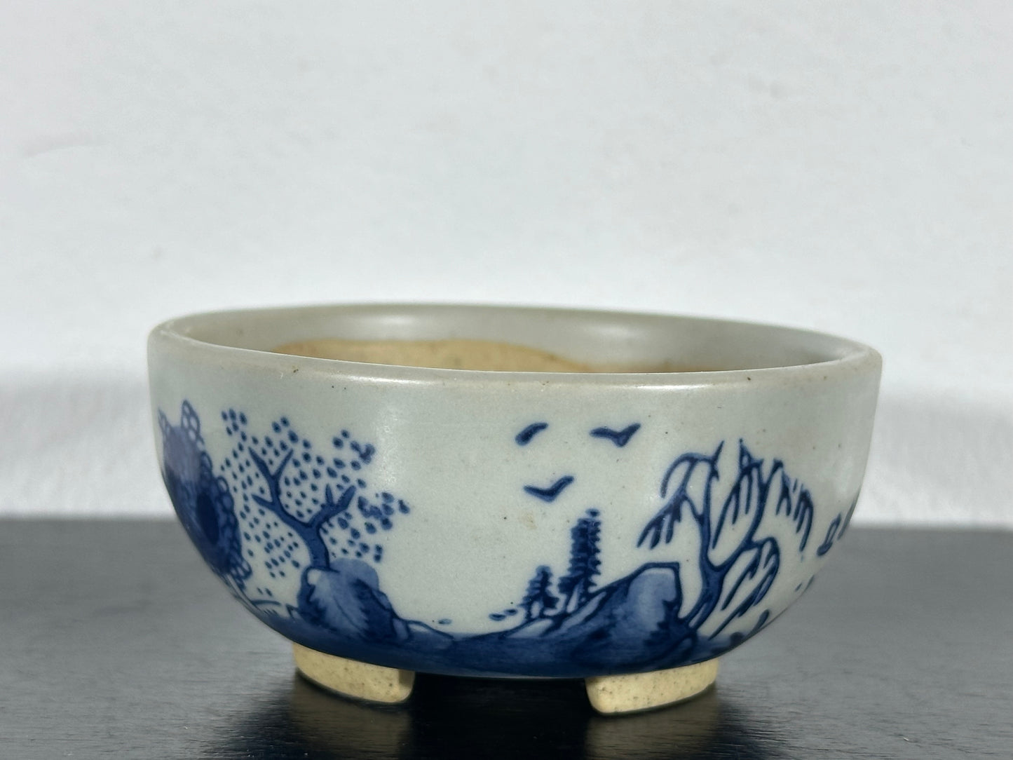 Preowned Japanese Tokoname Hand Painted Round Bonsai Pot Marutou with Patina - 2.75” By 1.25”