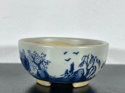 Preowned Japanese Tokoname Hand Painted Round Bonsai Pot Marutou with Patina - 2.75” By 1.25”