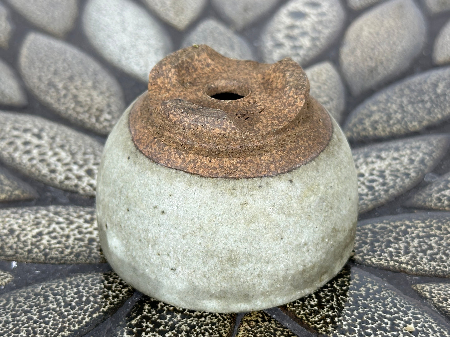 Preowned Japanese Tokoname Glazed Round Bonsai Pot with Stamps - 2.25” By 1.5”