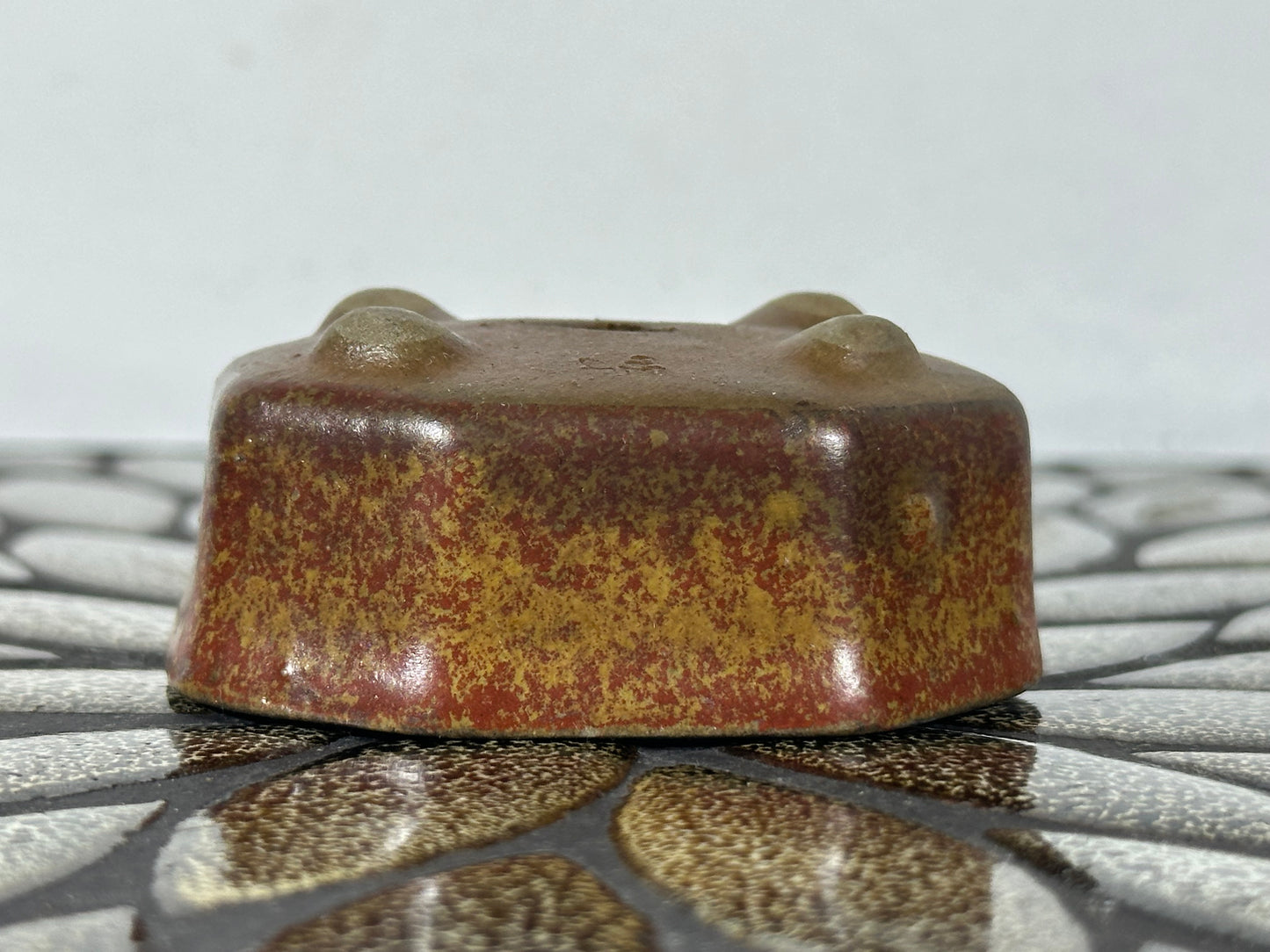 Preowned Japanese Tokoname Glazed Octagon Shape Bonsai Pot with Stamps - 2.75” By 2 3/8”