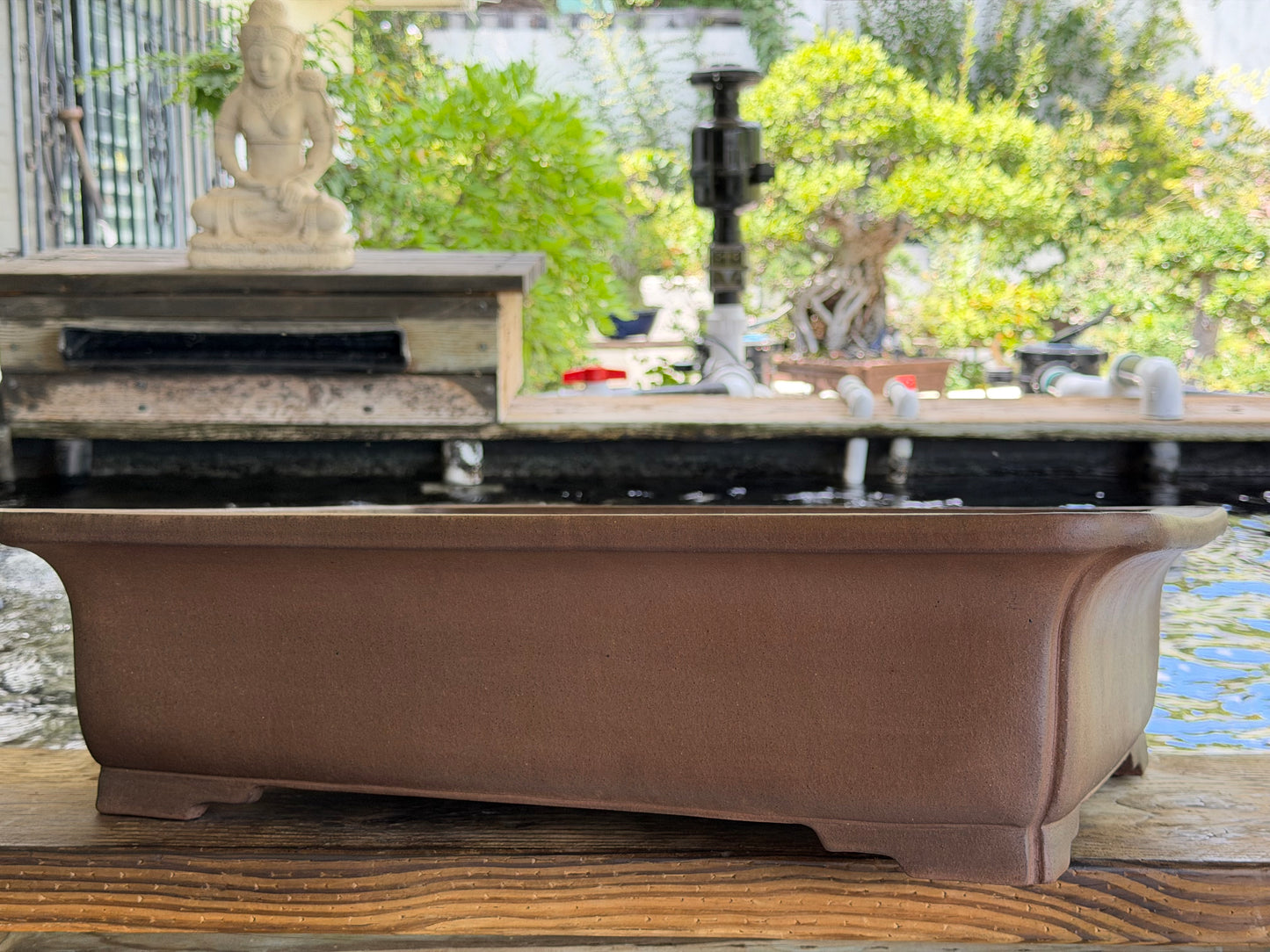 Preowned Japanese Tokoname Unglazed Rectangular Bonsai Pot Gyouzan Nakano - 21.75” By 17.5”