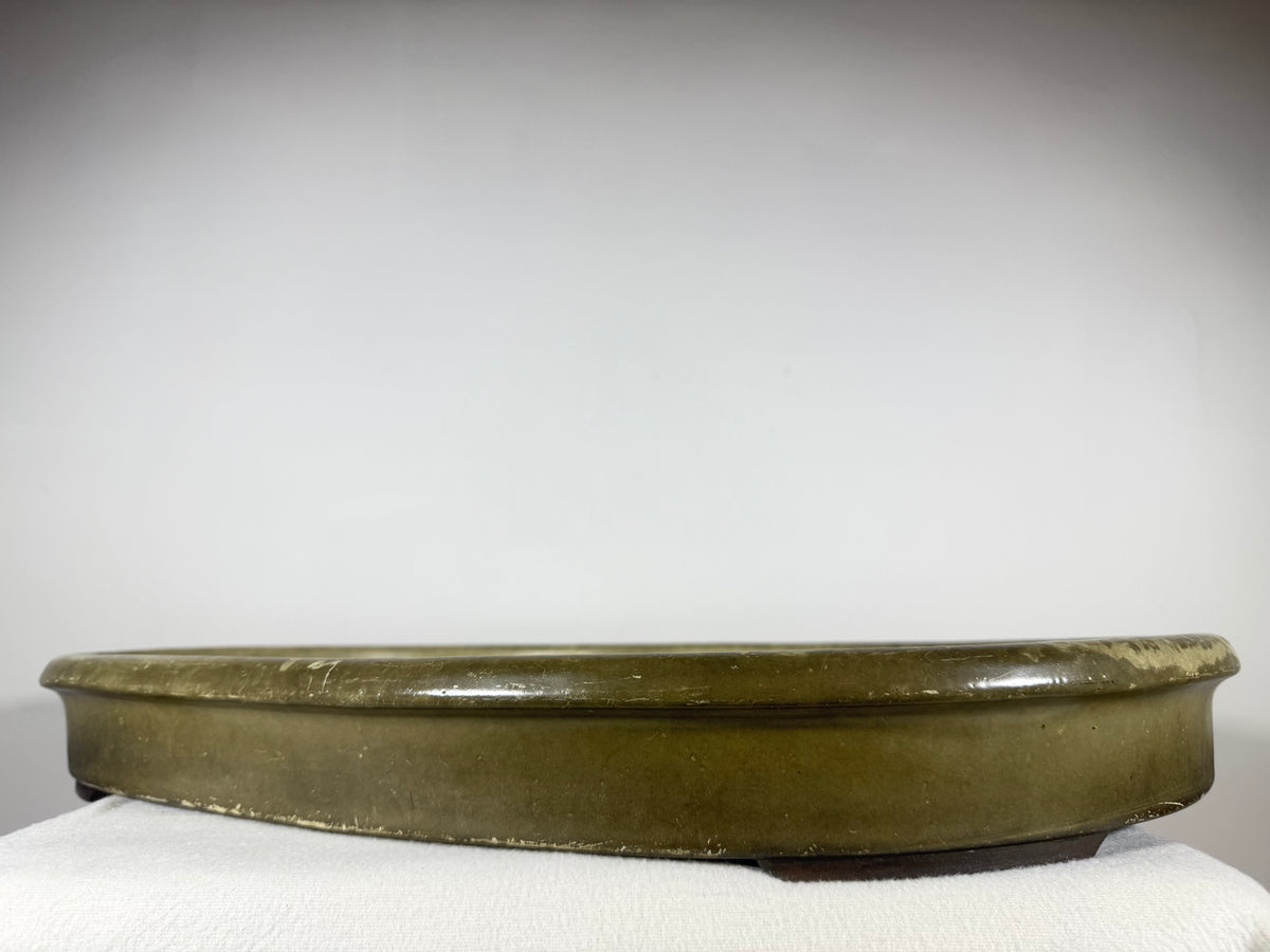 Preowned Japanese Tokoname Glazed Shallow Oval Bonsai Pot Hatutori -  24.5” x 18” x 2.75”