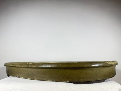 Preowned Japanese Tokoname Glazed Shallow Oval Bonsai Pot Hatutori -  24.5” x 18” x 2.75”