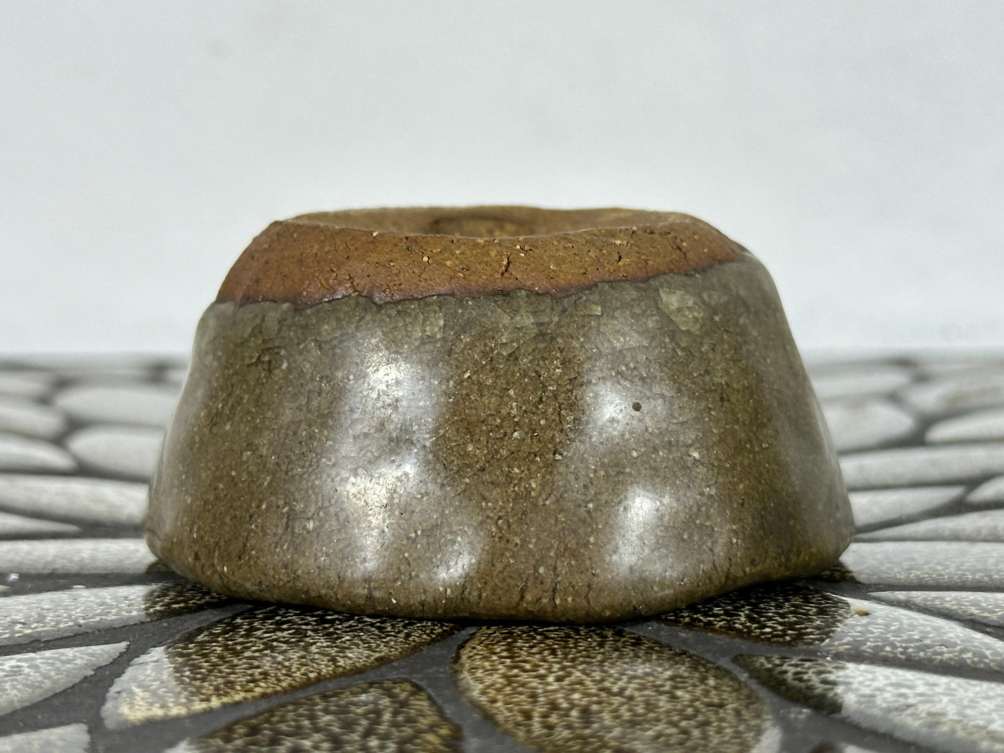 Preowned Japanese Tokoname Glazed Round Bonsai Pot with Stamps - 2.75” By 1 3/8”