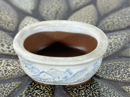 Preowned Japanese Tokoname Glazed Oval Bonsai Pot with Stamp - 2” By 1.75”
