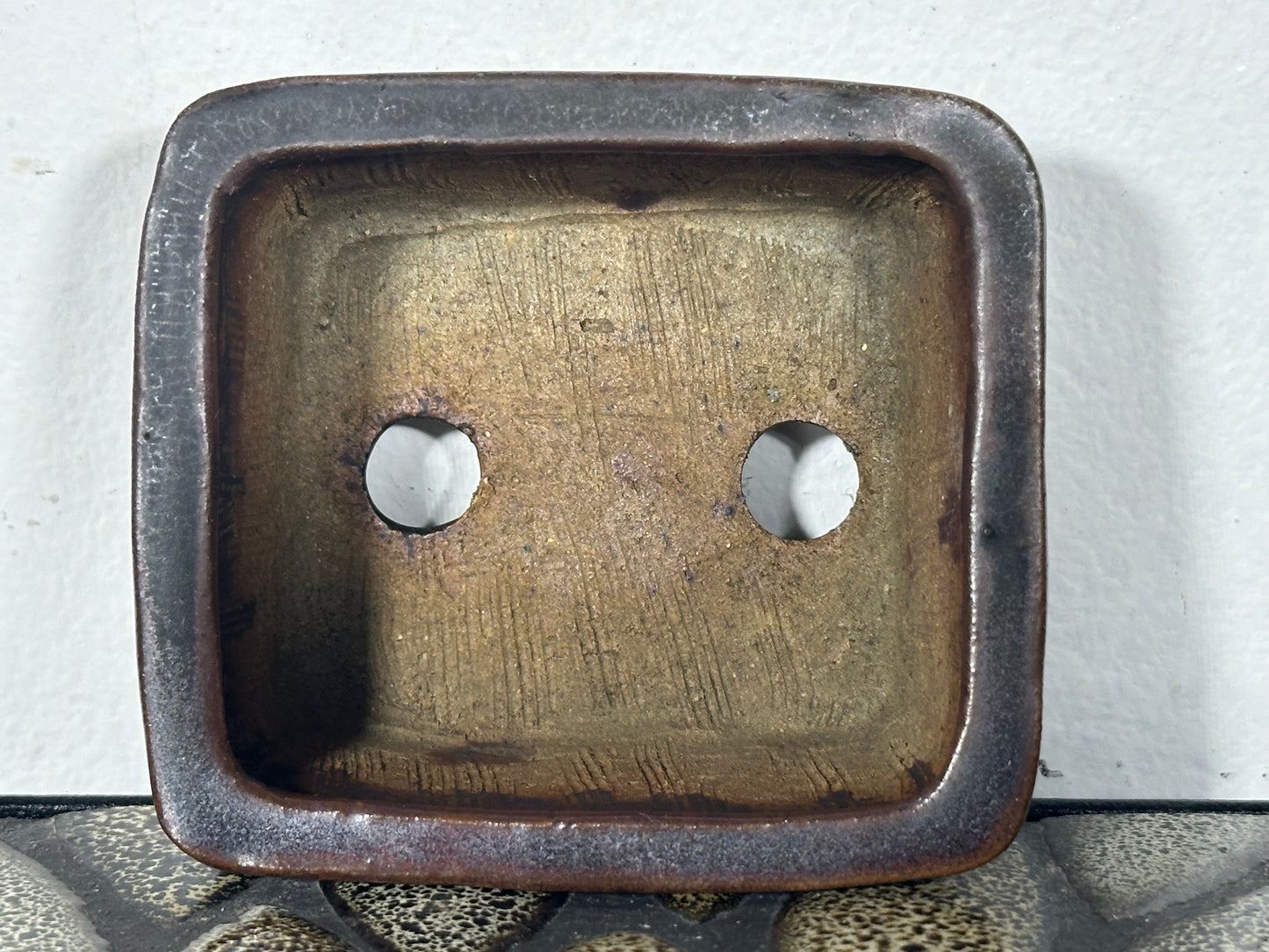 Preowned Japanese Tokoname Glazed Rectangular Bonsai Pot With Stamp - 3 1/8” By 2 7/8”