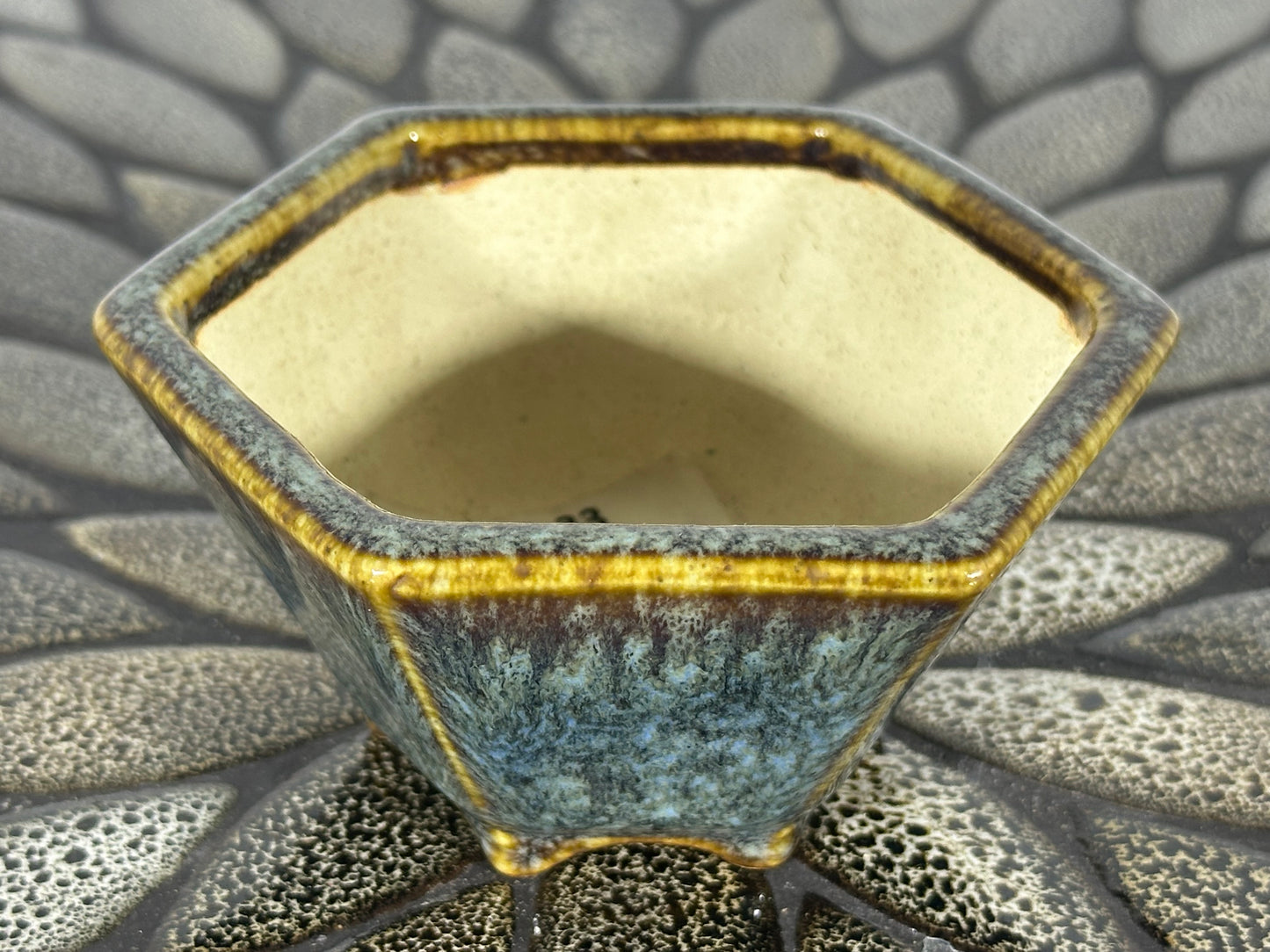 Preowned Hexagon Japanese Tokoname Glazed Bonsai Pot AIBA KOYO - 4” By 3.5”
