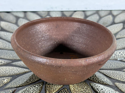 Preowned Japanese Tokoname Unglazed Round Bonsai Pot with Stamps - 5 1/8” By 2”