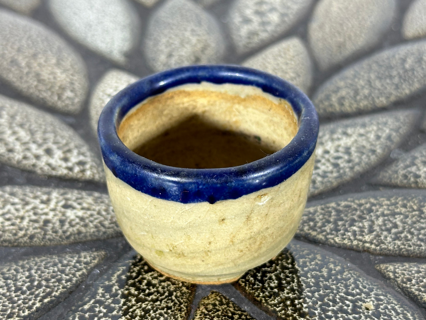 Preowned Japanese Tokoname Glazed Round Bonsai Pot with Stamps - 1.75” By 1 1/8”