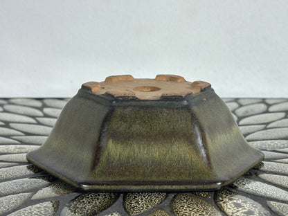 Preowned Japanese Tokoname Glazed Hexagon Bonsai Pot - 6” By 5.25”