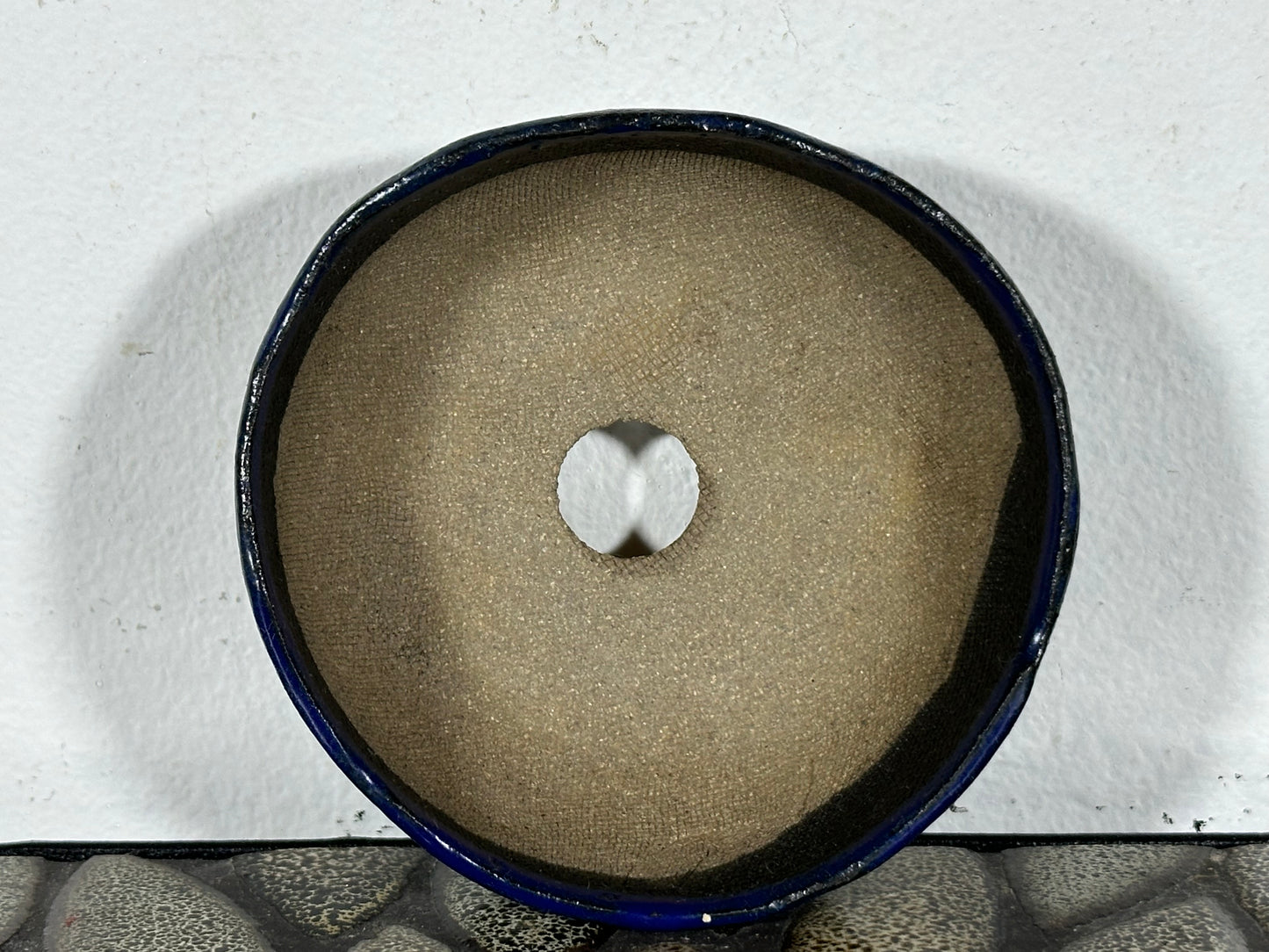 Preowned Japanese Tokoname Glazed Round Bonsai Pot with Stamps - 3.75” By 1.5”