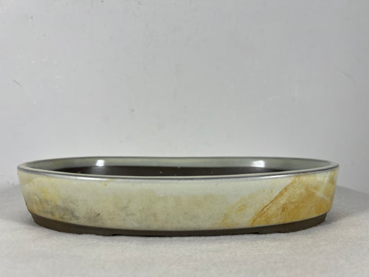 Preowned Japanese Tokoname Glazed Oval Shallow Bonsai Pot with patina - 10” By 7”