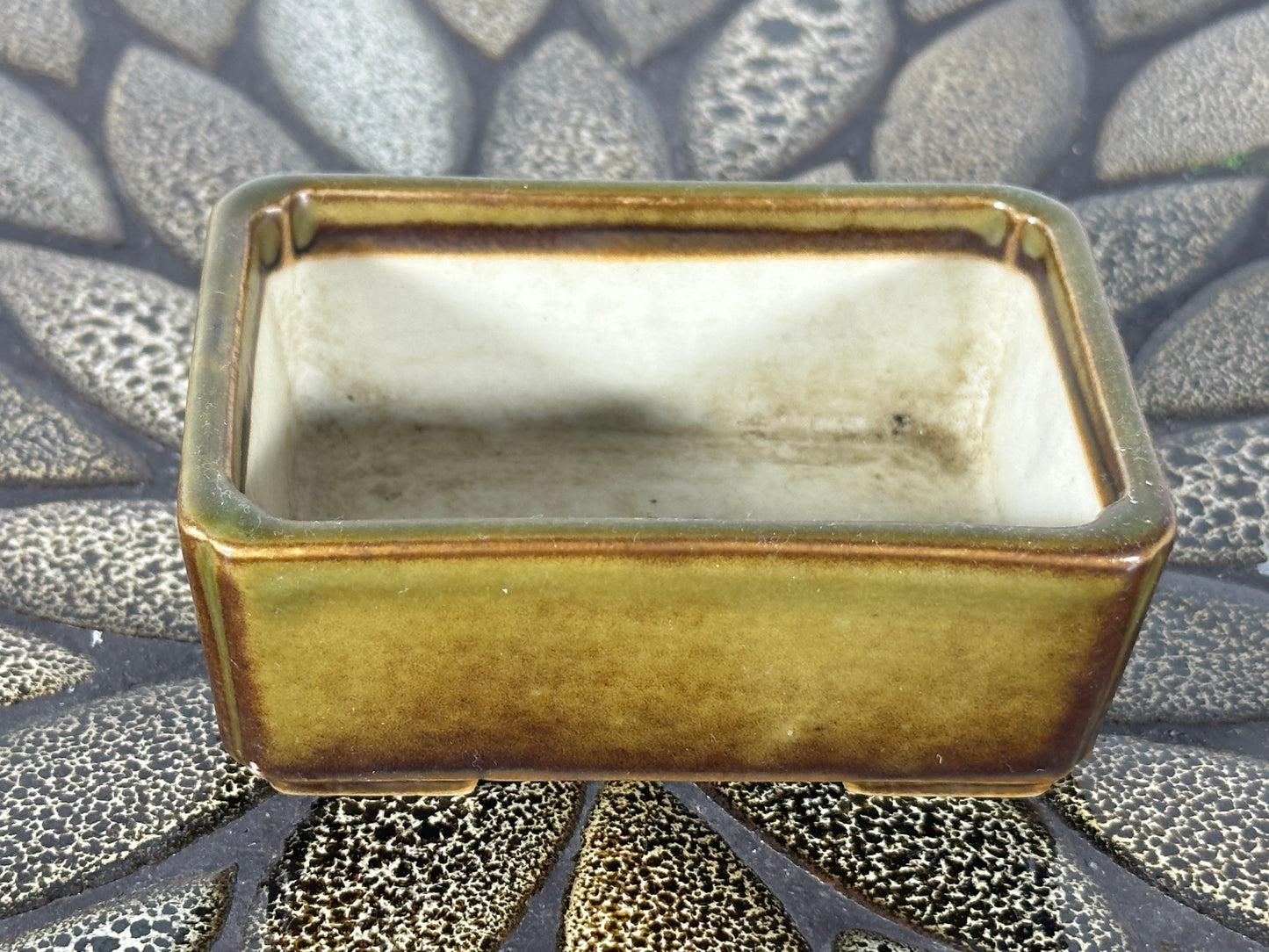 Preowned Vintage Japanese Tokoname Glazed Rectangular Bonsai Pot Jyuetu - 3 3/8” By 2.25”