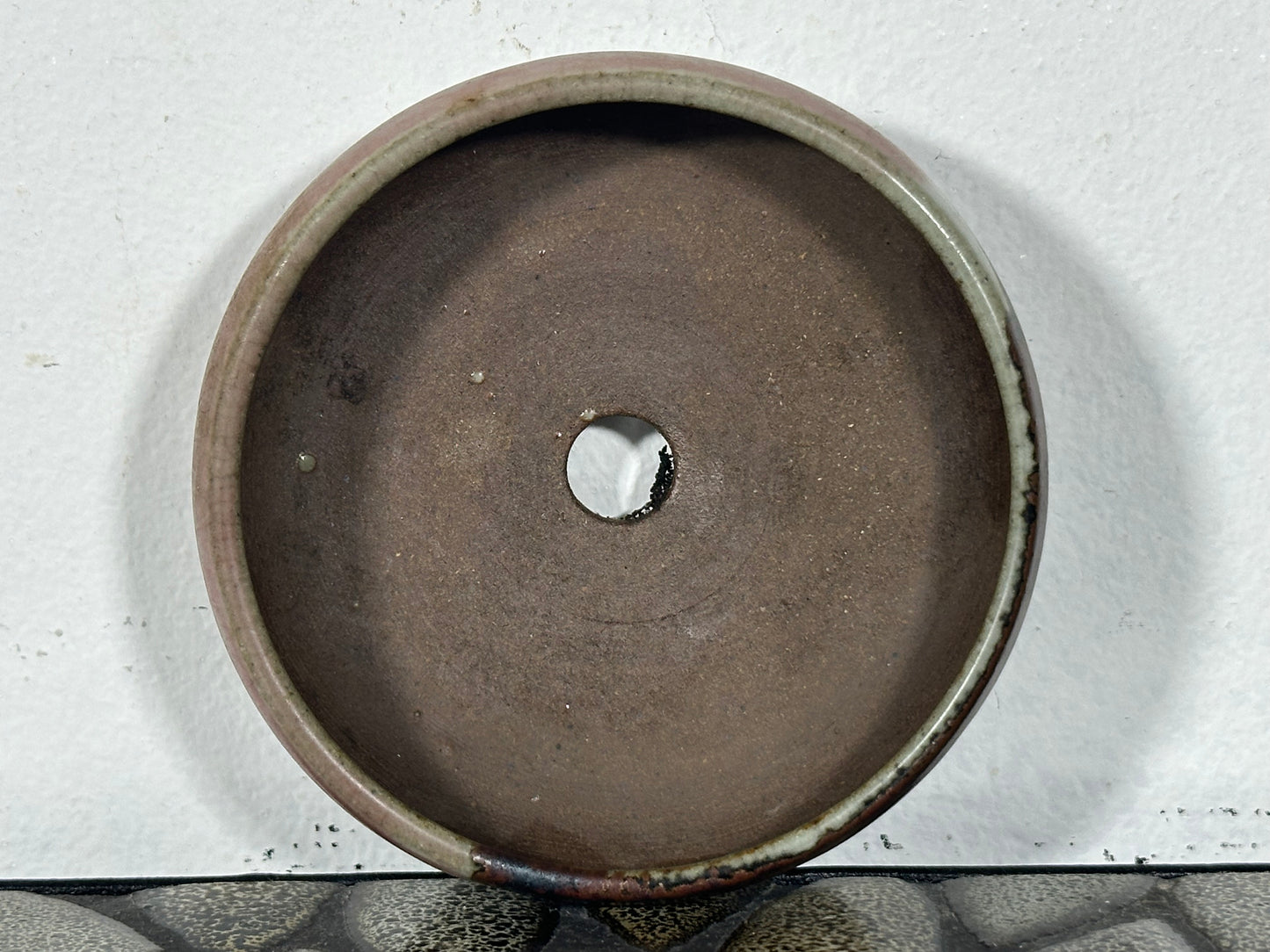 Preowned Japanese Tokoname Glazed Round Bonsai Pot with patina - 4.25” By 1.25”