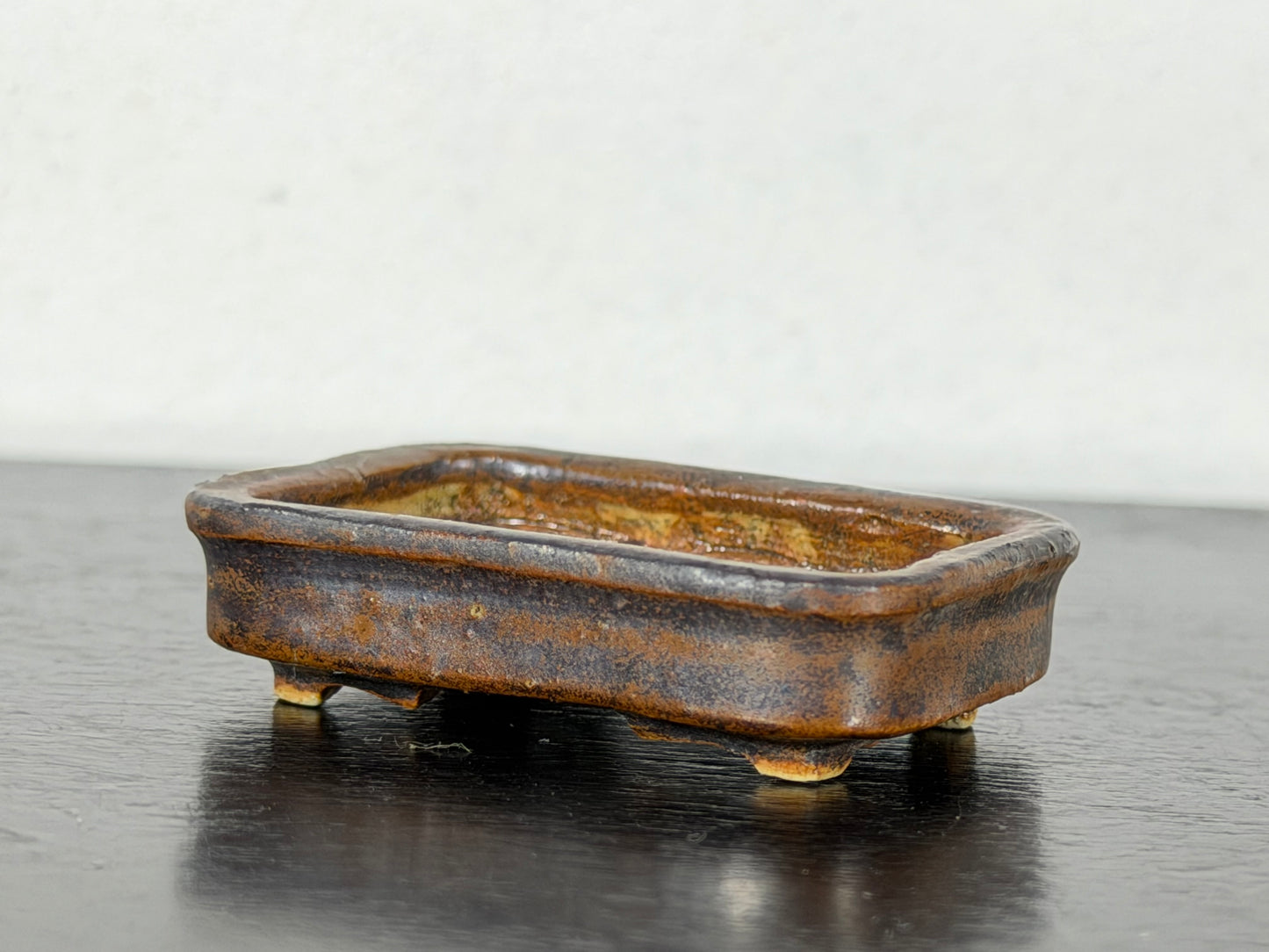 Preowned Vintage Japanese Tokoname Glazed Rectangular Shallow Bonsai Pot Mutou - 1.75” By 1.25”