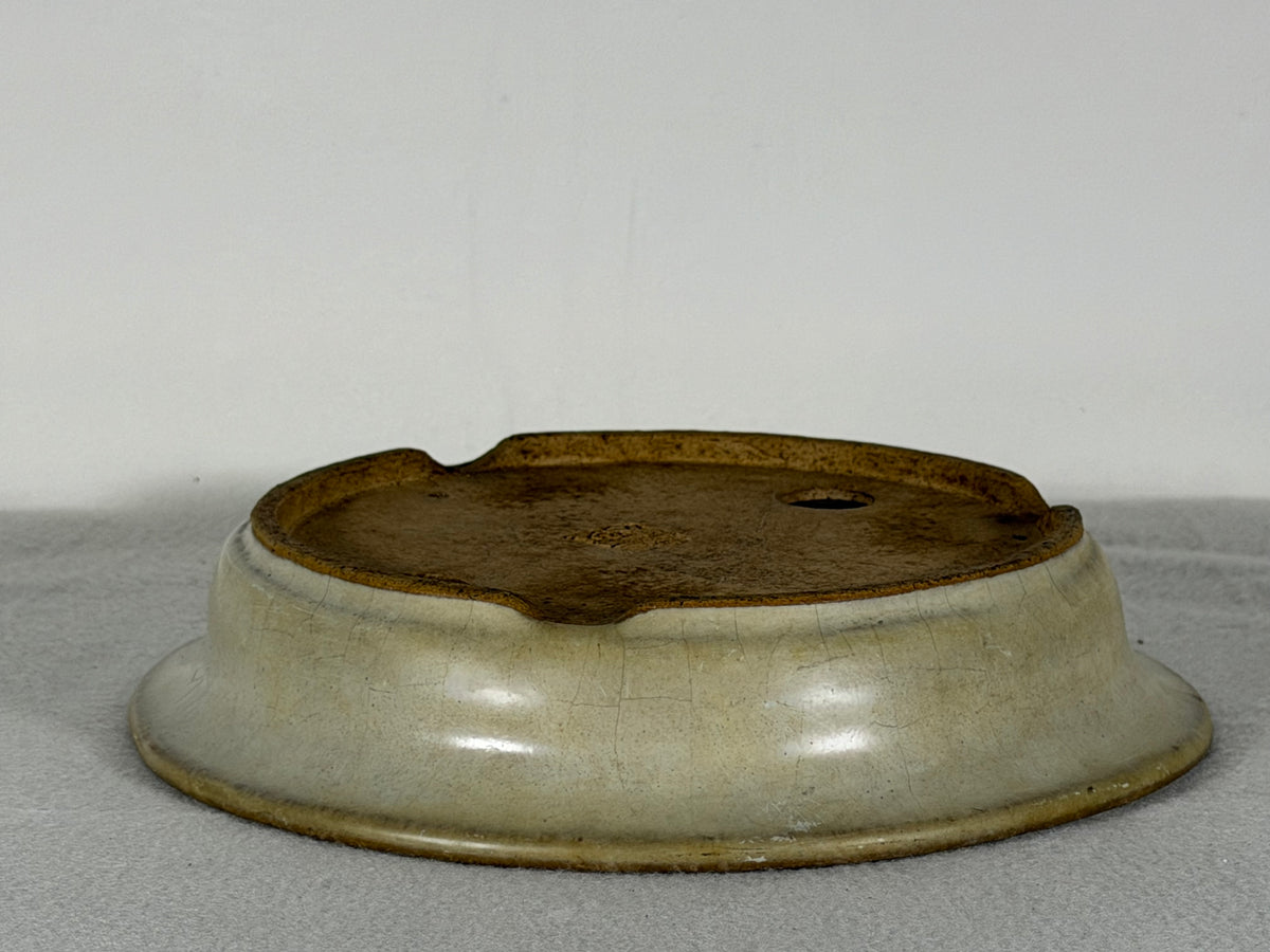 Preowned Japanese Tokoname Glazed Shallow Round Bonsai Pot Mazan - 8.25” By 1.75”