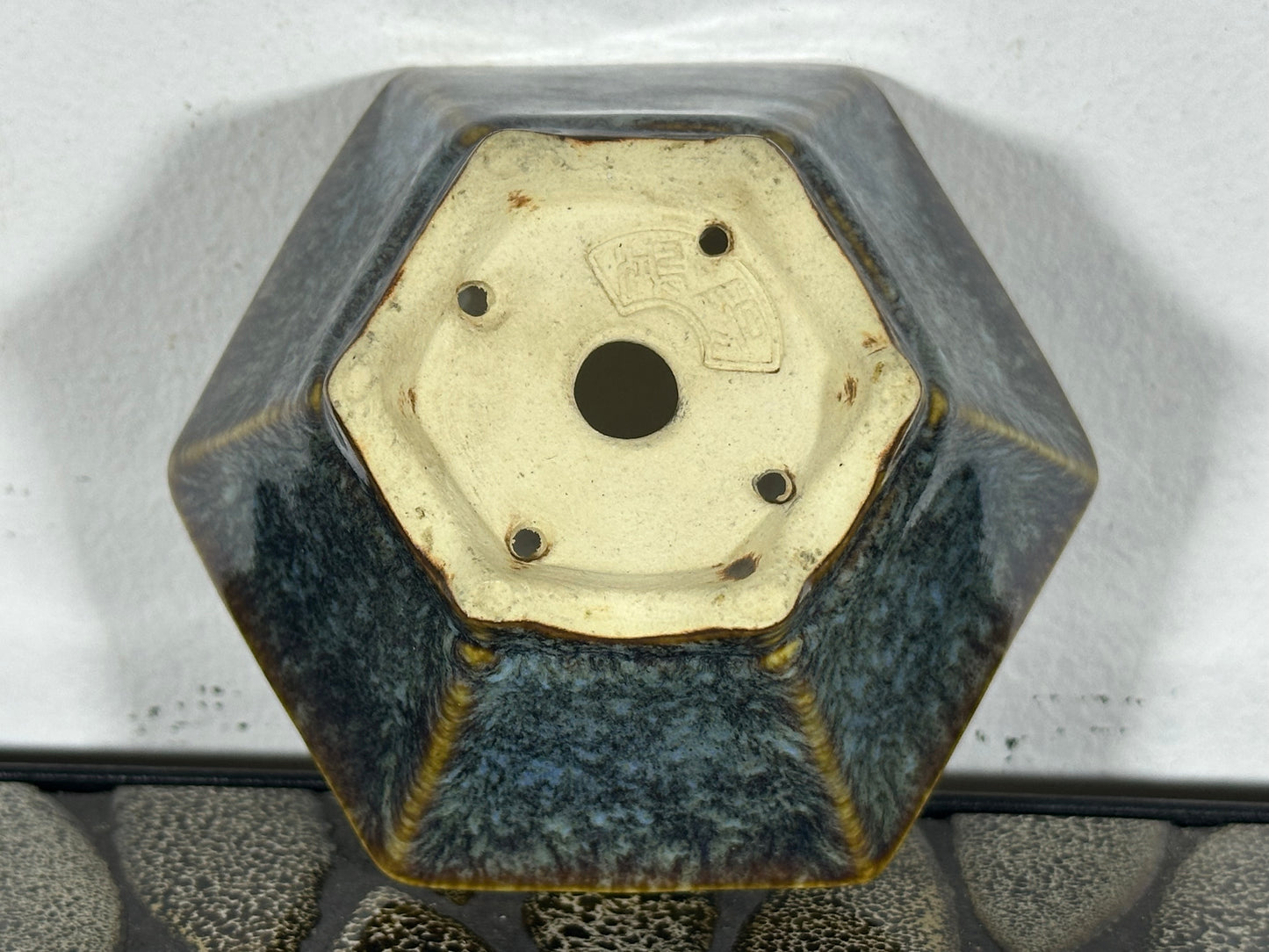 Preowned Hexagon Japanese Tokoname Glazed Bonsai Pot AIBA KOYO - 4” By 3.5”