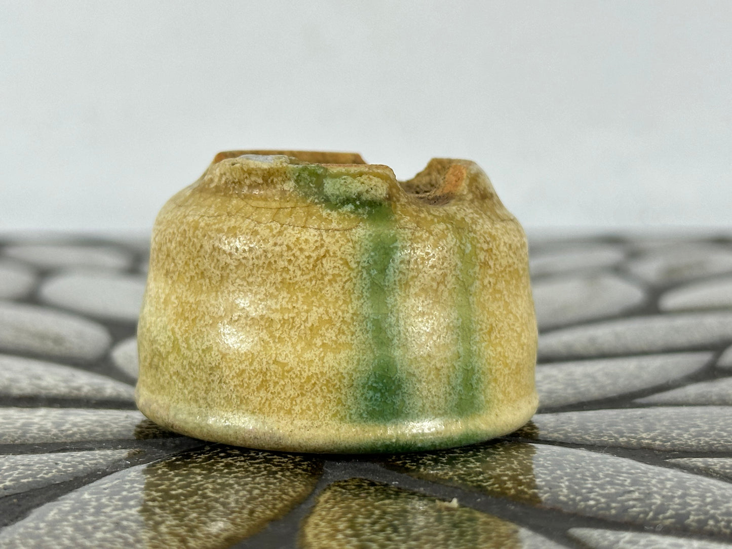 Preowned Japanese Tokoname Glazed Round Bonsai Pot with Stamps - 1.75” By 1 1/8”