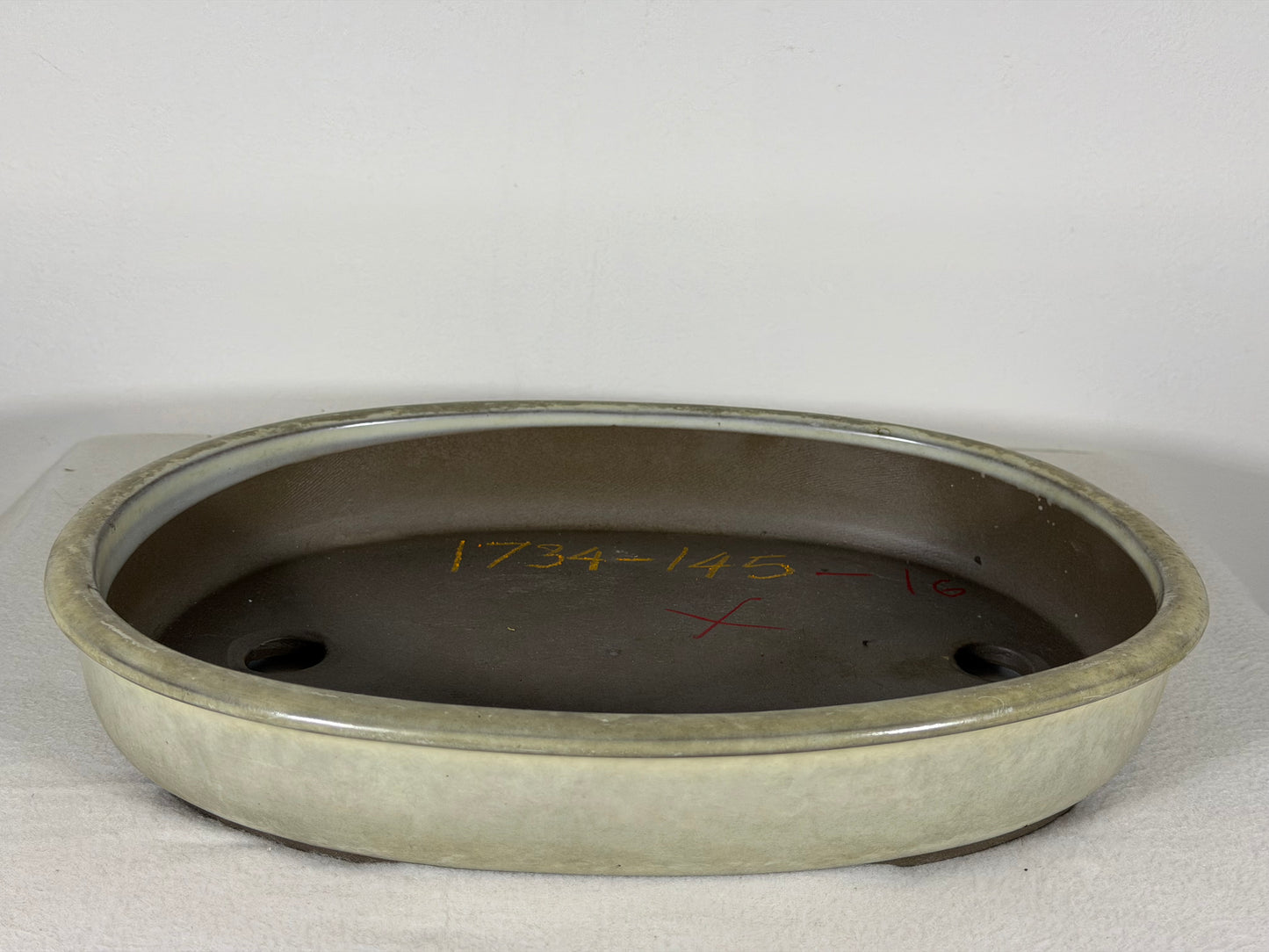 Preowned Japanese Tokoname Glazed Oval Bonsai Pot has Patina - 12.25” By 9.25”