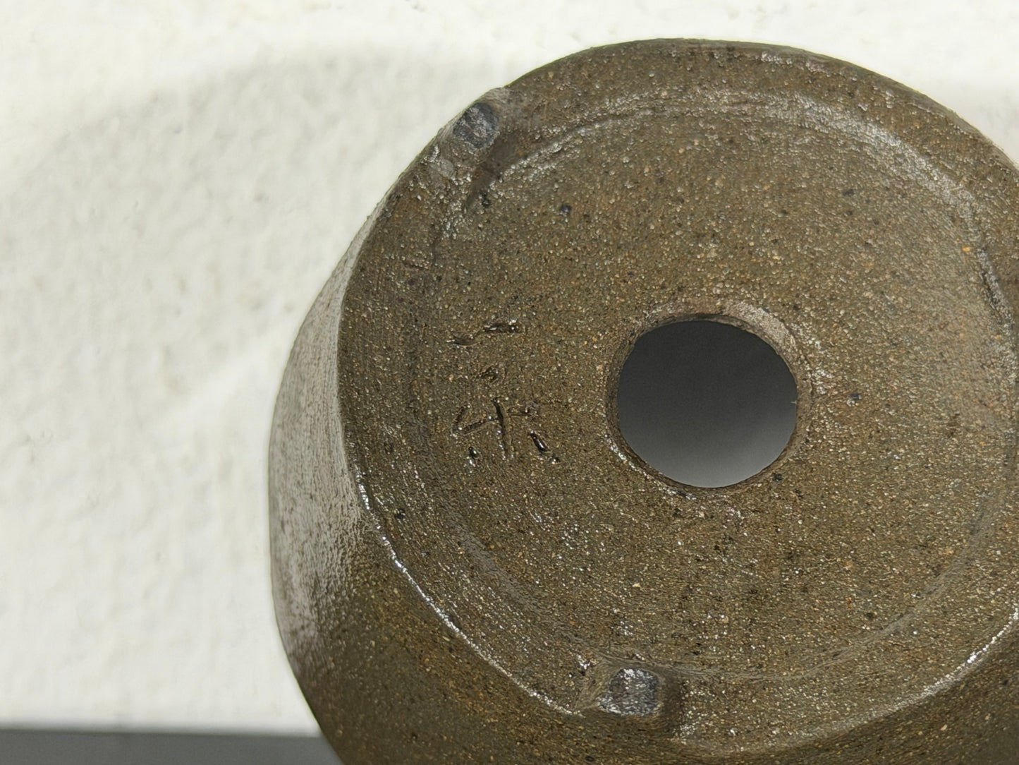 Preowned Japanese Tokoname Unglazed Round Bonsai Pot With Stamp - 2” By 1 1/8”