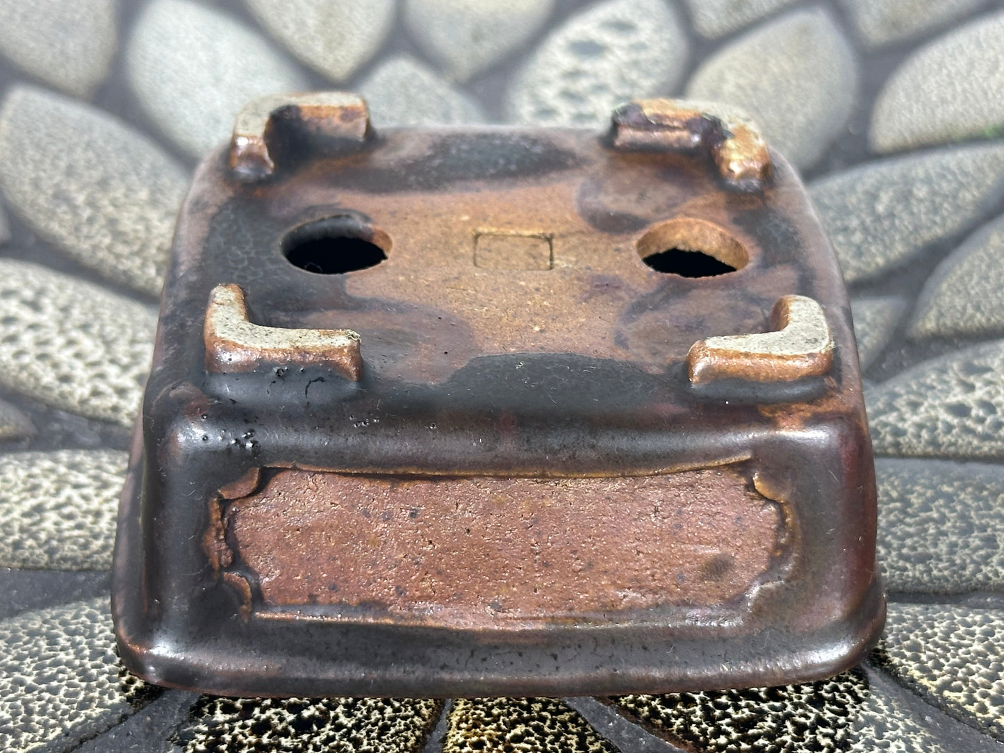 Preowned Japanese Tokoname Glazed Rectangular Bonsai Pot With Stamp - 3 1/8” By 2 7/8”