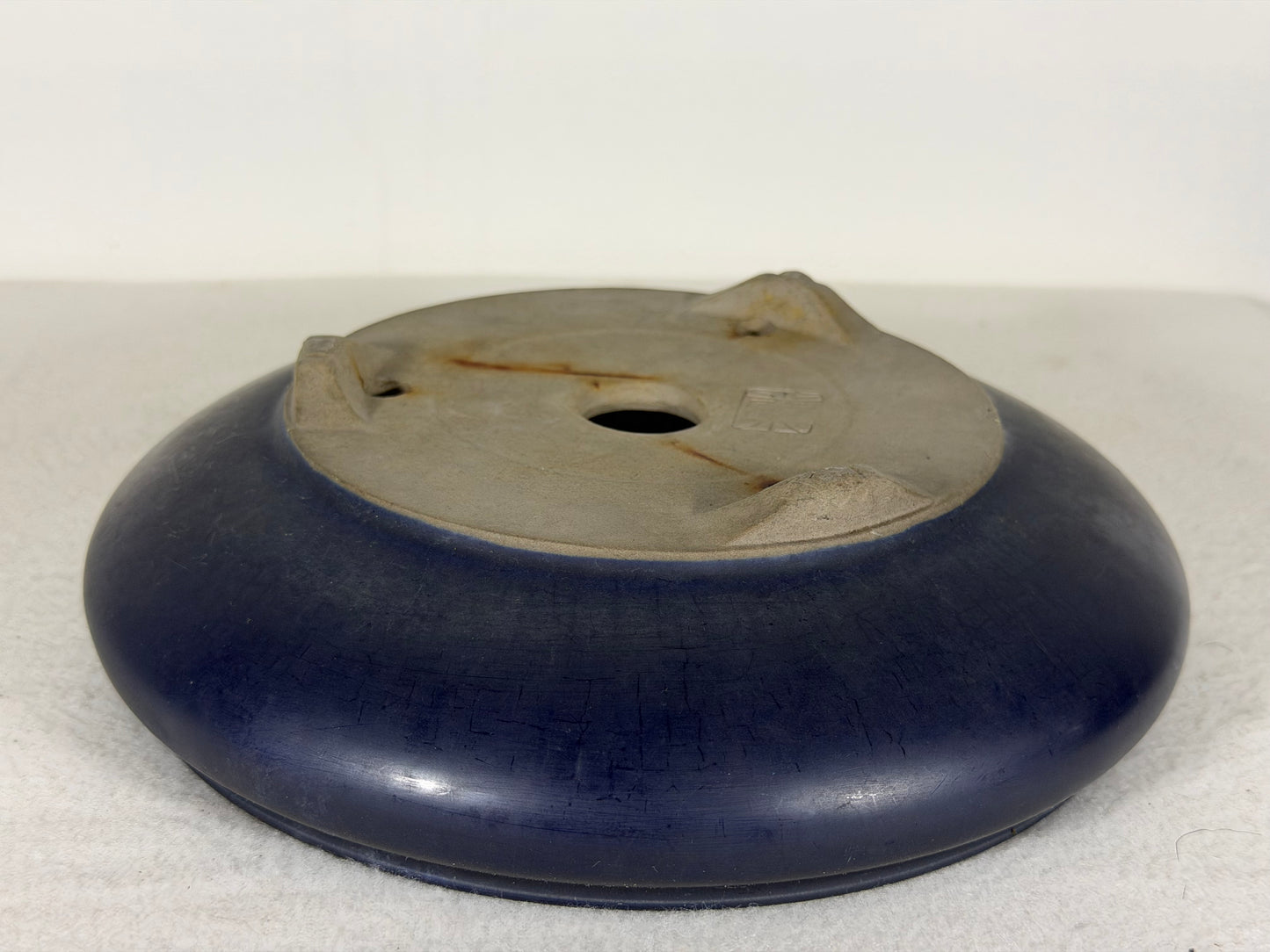 Preowned Japanese Tokoname Glazed Bag Style Bonsai Pot has Stamps - 7.75” By 2”