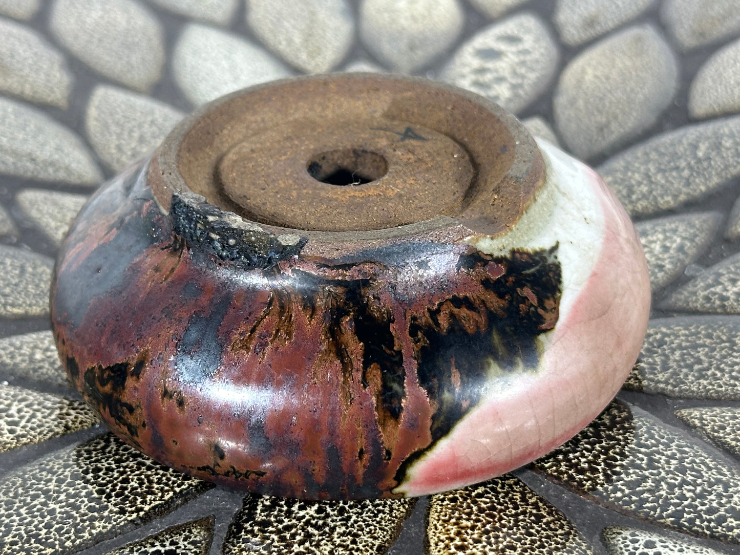 Preowned Japanese Tokoname Glazed Round Bonsai Pot with patina - 4.25” By 1.25”