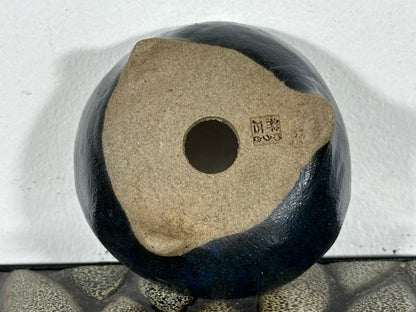 Preowned Japanese Tokoname Glazed Round Bonsai Pot with Stamps - 3.75” By 1.5”