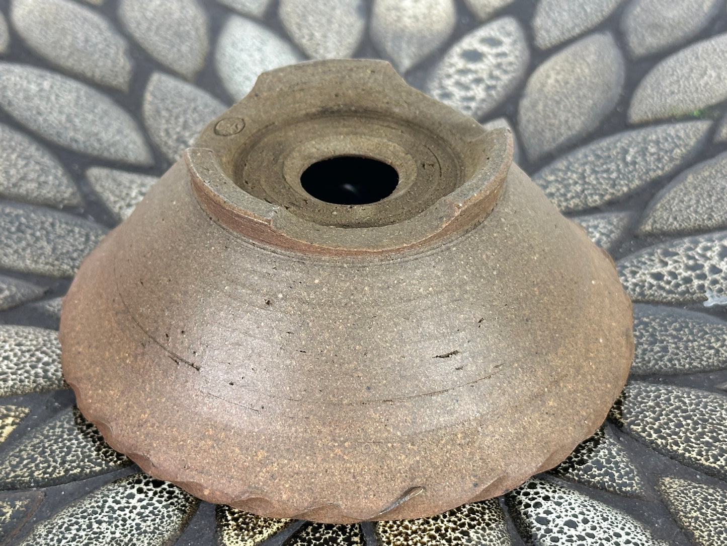 Preowned Japanese Tokoname Unglazed Round Bonsai Pot with Stamp - 4 5/8” By 1.75”