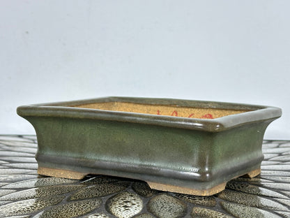 Preowned Japanese Tokoname Glazed Rectangular Bonsai Pot Hatutori with patina - 6.25” By 5”
