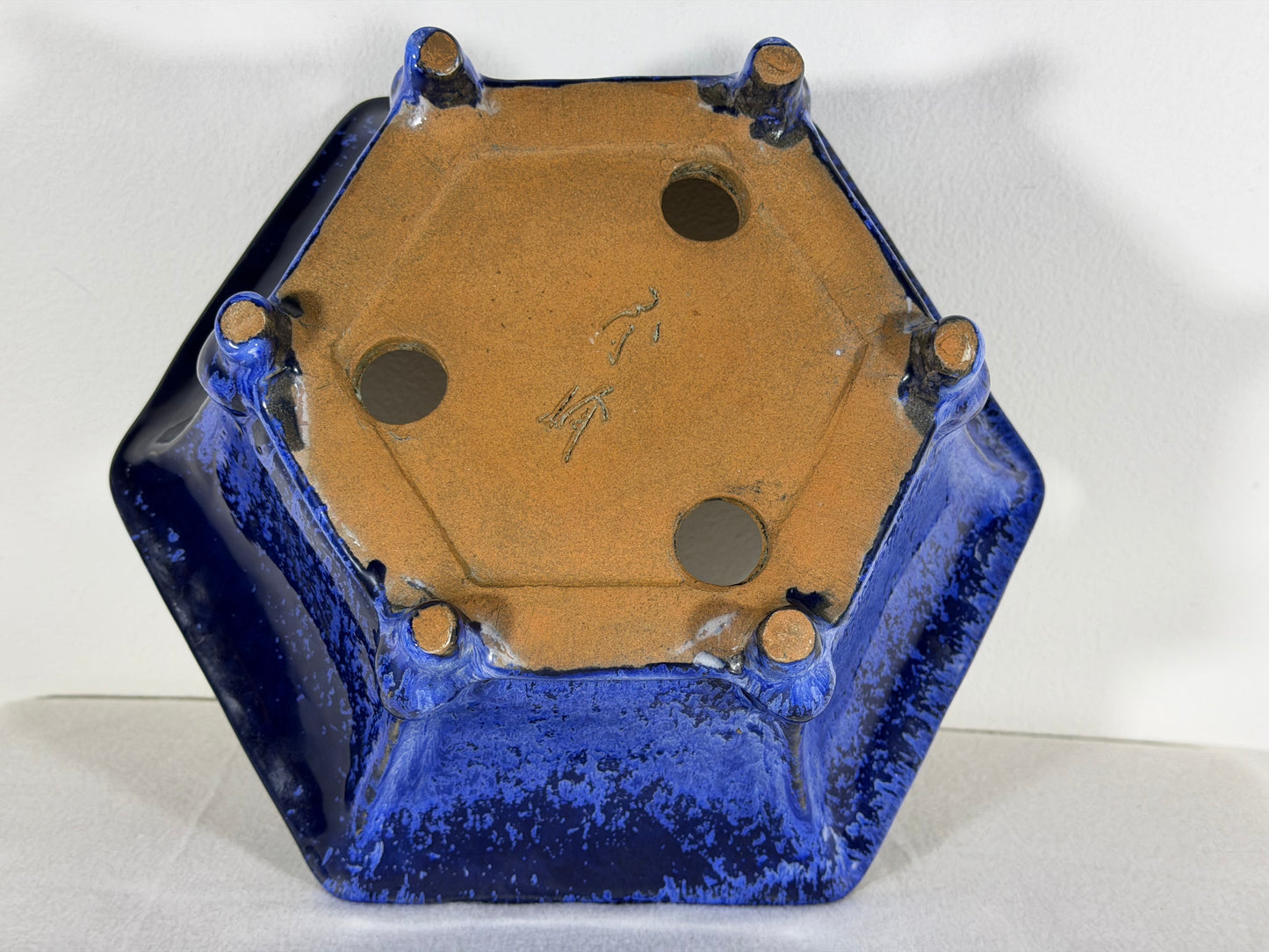 Preowned Japanese Tokoname Glazed Hexagon Shape Bonsai Pot Syuho - 11” By 4.75”