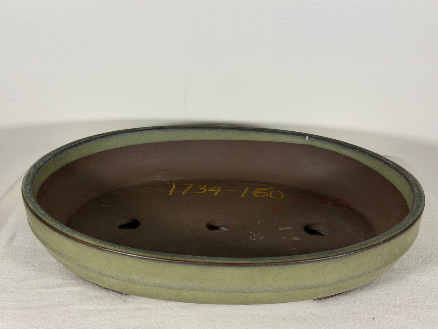 Preowned Japanese Tokoname Glazed Oval Bonsai Pot has Patina - 13” By 10.25”