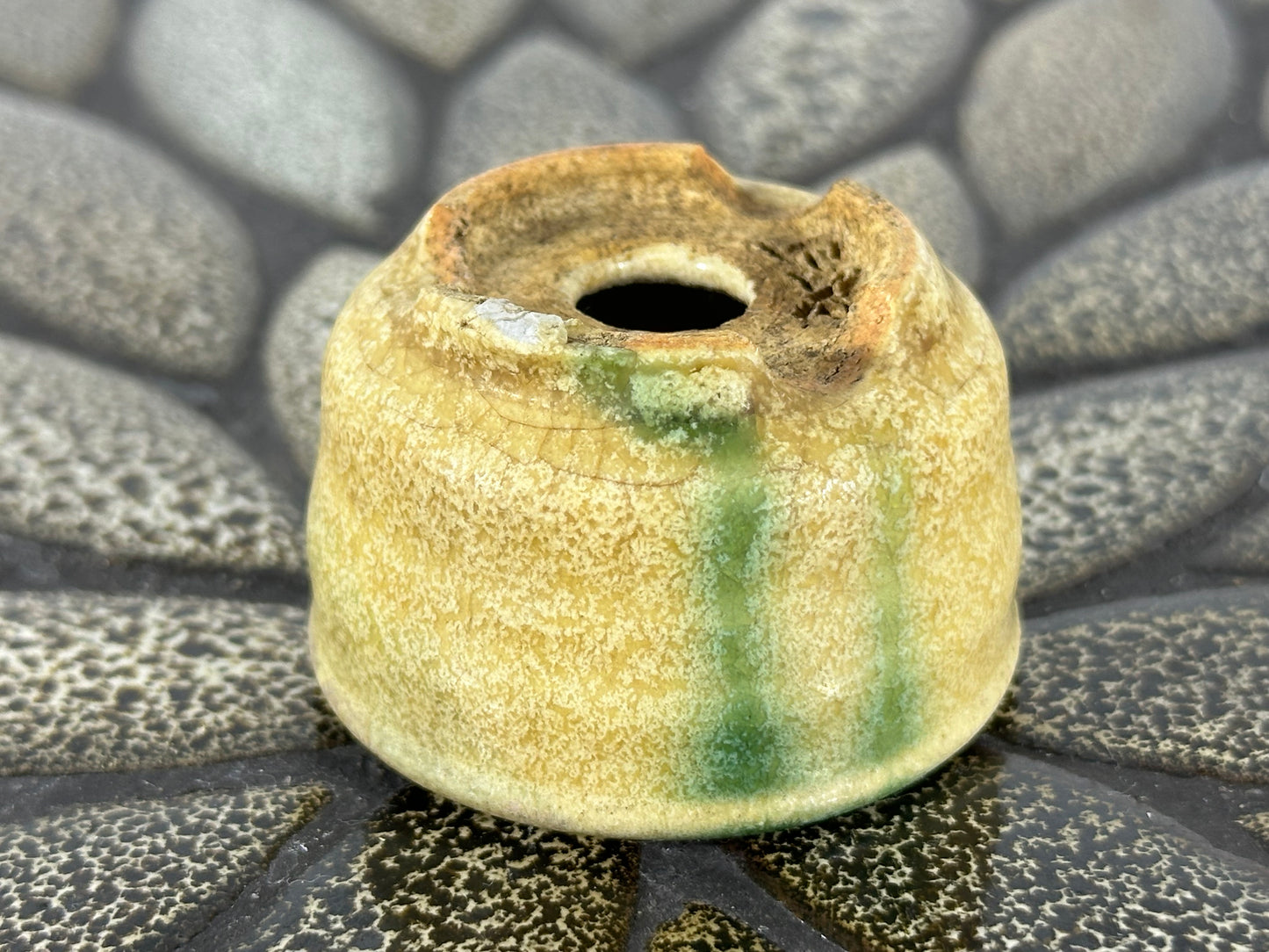 Preowned Japanese Tokoname Glazed Round Bonsai Pot with Stamps - 1.75” By 1 1/8”